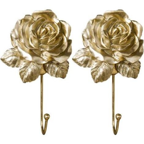 2pièces Patère Murale Résine Forme De Rose Dorée Lot De Crochets Décoratifs Pour Serviettes Et Vêtements Organisateur De Salle De Bain Et Salon (1/5)