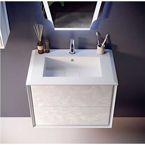 Mobile Bagno Bellagio70 cm SospesoFrontali in Vetro Marmorizzato Light Onice Base 2 cassetti - Lavabo in Resina (1/5)