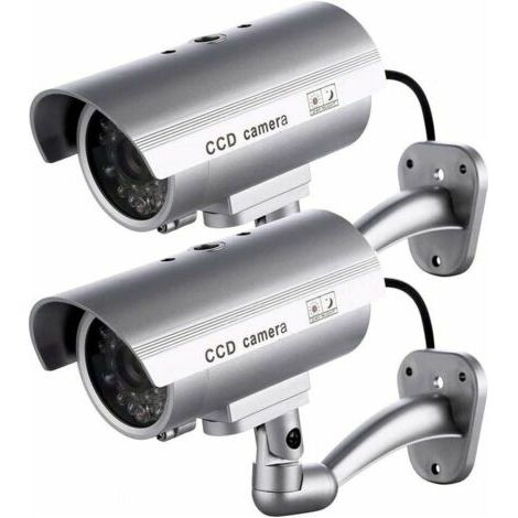 Lot de 2 caméras factices, caméras extérieures factices pour utilisation intérieure ou extérieure, avec forme de balle et LED clignotante, RTGPT (Argent) (1/4)