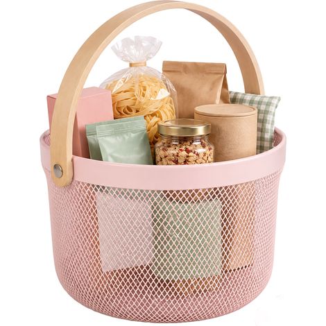 Relaxdays Wire Storage Basket with Handle, Round, Metal & Wood, for Utensils in Kitchen, Bathroom, Living Room, (1/5)