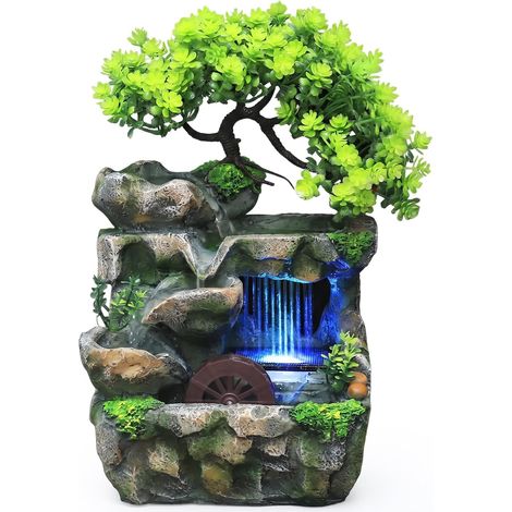 Fontaine d'intérieur avec éclairage LED à changement de couleur, fontaine de table cascade avec roue et plantes, fontaine d'intérieur silencieuse pour salon, chambre à coucher, bureau (1/5)