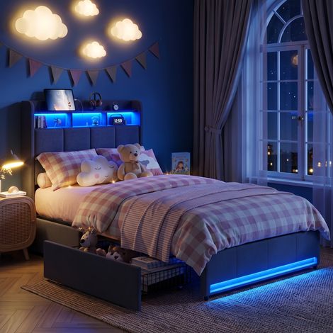 Lit Simple Rembourré 90x200 cm avec 2 Tiroirs - Lit 90x200 cm avec sommier, Port USB LED Intégré - cadre métallique , pour enfants et adolescents - Moderne Gris (1/5)