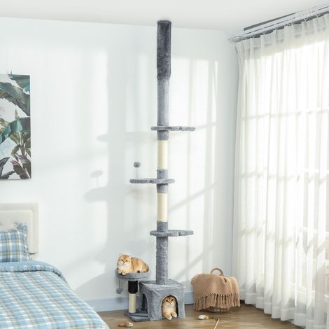 Vom Boden bis zur Decke reichender Katzenbaum, höhenverstellbarer Katzenkratzbaum 225–255 cm mit mehreren Ebenen, Plüschbezug, grau