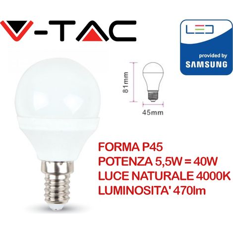 V-tac 169 lampadina led mini globo 5,5W E14 luce bianco naturale 4000K 470 lm by Samsung