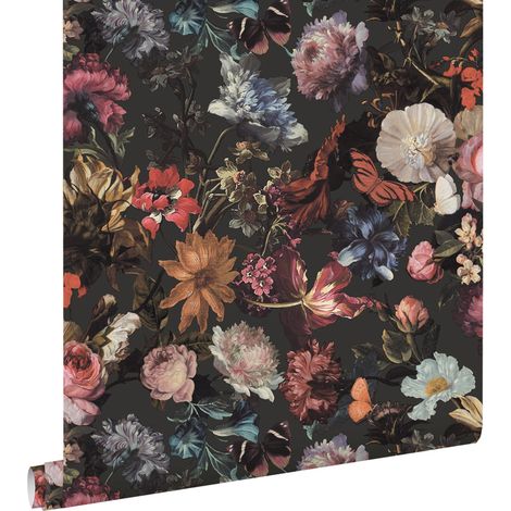 papier peint fleurs gris foncé - ESTAhome (1/5)