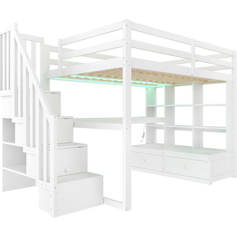 Lit mezzanine enfant 140x200cm - avec bureau et étagère - 2 tiroirs intégrés - escalier de rangement - blanc (sans matelas)