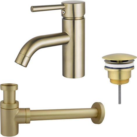 FugaFlow Eccelente Sobrado Kit mitigeur lavabo - robinet bas - bonde non-obturable - siphon design bas - PVD Laiton brossé (1/4)