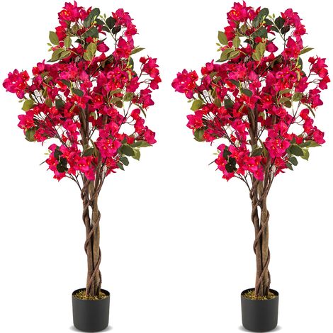 Costway – Arbre artificiel bougainvillier 120 cm – 360 fleurs rose et blanc – Pot en ciment robuste – Plante verte décorative (2 pcs)