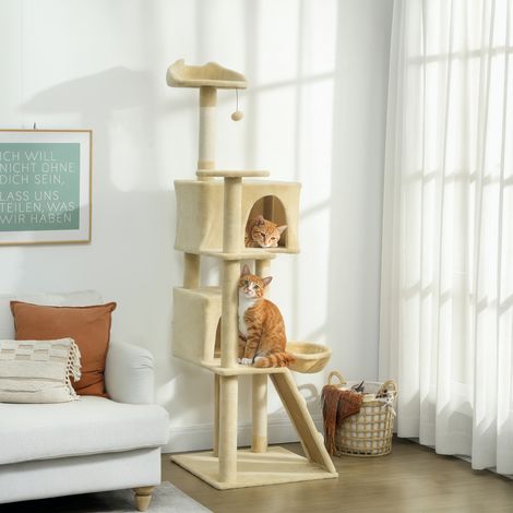 Arbre à chat de 180 cm avec plateformes, lit, 2 grottes, hamac, échelle et poteaux en sisal beige (1/5)