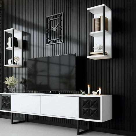 Dmora - Meuble TV Kaus, Buffet de salon, Armoire basse pour TV, Base murale de rangement, 180x30h48 cm, Blanc et Noir, avec emballage renforcé (1/5)