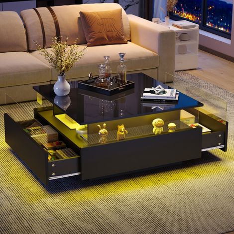Table basse carrée LED - 70x70x41cm - Design laqué noir brillant avec 2 tiroirs et vitrine acrylique - Noir (1/5)