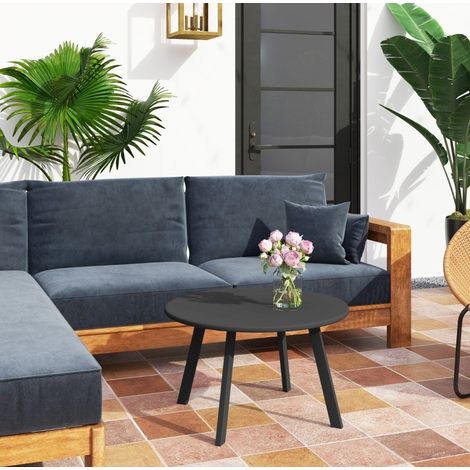 Table de jardin en métal noir ronde, table basse d’extérieur avec pieds antidérapants, Ø70 x 42 cm (1/5)