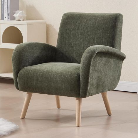 Loungesessel Chenille mit Holzbeinen, Ohrensessel für Wohnzimmer, Grün (1/5)