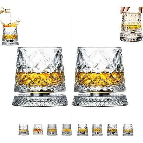 BelleRise - Verre à whisky Old Fashioned rotatif 360° avec base, verre texturé diamant pour fêtes et bars (1 pièce) (1/5)