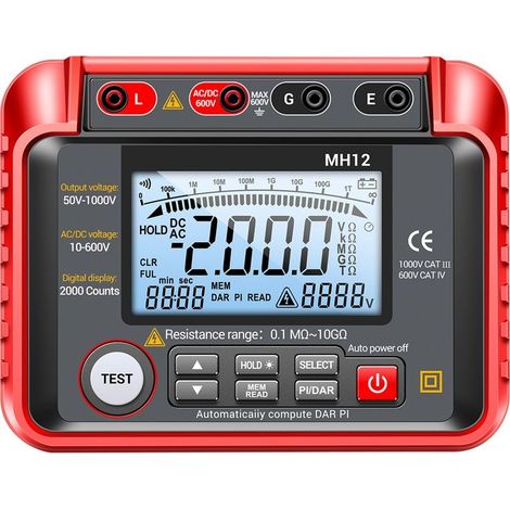 Testeur d'isolation numérique MH12 1000V Plage de mesure 0,1 MΩ à 20 GΩ Affichage LCD 2000 points Étanche IP54