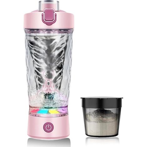 Vaso mezclador automático，asa con tira de luz de colores，botella de agua para fitness，eléctrico y portátil，rosa (1/5)