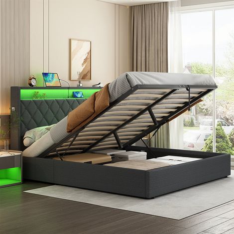 5FT King Upholstered Bed Frame with Hydraulic Storage, Linen Ottoman Bed with LED Lighting, Button Tufted Storage Headboard with Charging Station, Grey(No Mattress) (1/5)
