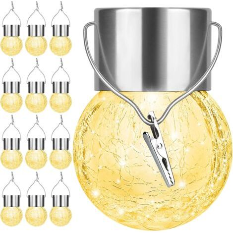 DEESSE SHOP-Lot de 12 lampes solaires d'extérieur à suspendre – Fonctionne à l'énergie solaire en forme de boule de verre craquelé étanche à l'eau avec poignée pour jardin, balcon, terrasse, chemin, d (1/5)