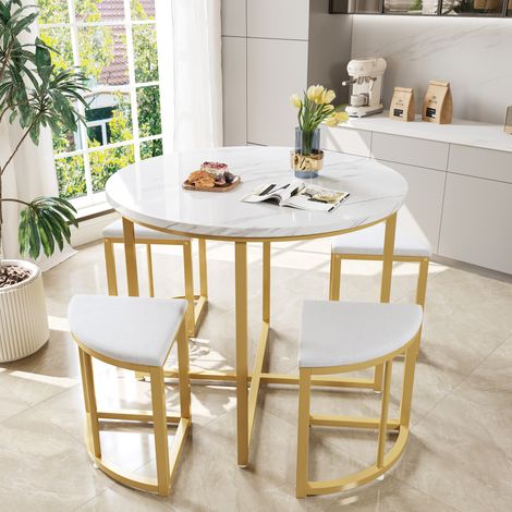 Ensemble table à manger ronde 80 cm avec 4 chaises, plateau MDF blanc, assises en velours, structure métal doré, gain de place pour petit espace - CHICFURN (1/5)
