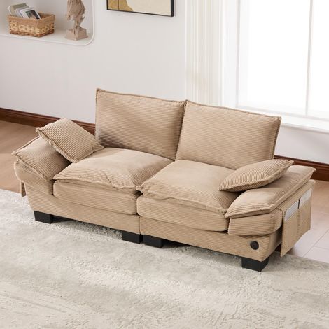 Ce canapé deux places modulable en velours côtelé offre une assise spacieuse et ergonomique avec un rembourrage en mousse haute densité, un port USB-C et des poches latérales. Idéal pour le salon, (1/5)