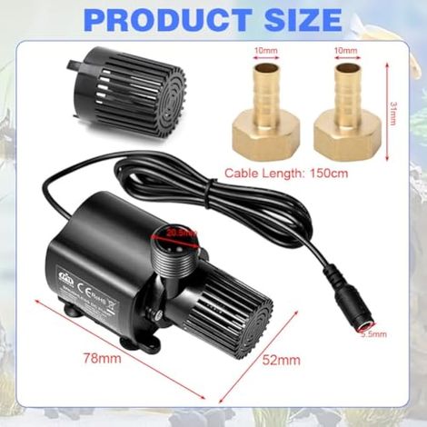 Pompe à eau submersible 12 V 800 l/h - Petite pompe à eau avec réglage de la vitesse de rotation à 5 vitesses - Pompe de bassin - Hauteur de refoulement de 5 m (1/4)