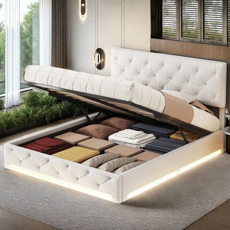 Lit coffre double 140x200cm en lin pour 2 personnes, avec éclairage LED, Grand espace de rangement, Tête de lit réglable, Beige (1/5)