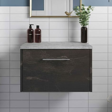 Hudson Reed Juno Wall Hung 1-Drawer Vanity Unit with Bellato Grey Worktop 600mm Wide - Metallic Slate (1/5)