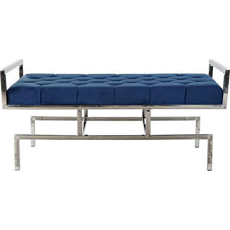 Banquette en velours bleu et pieds en acier - Longueur 97 x Profondeur 44 x Hauteur 46 cm -PEGANE- (1/4)
