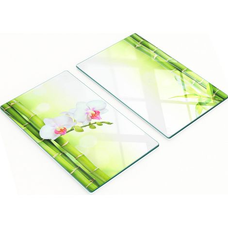 Tablas de cocina de vidrio templado con motivos de orqu铆deas y bamb煤, 2 x 30 x 52 cm.