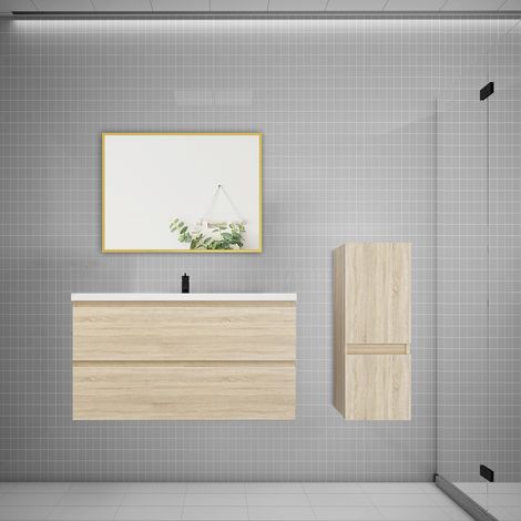 Ensemble meuble Chêne et vasque L.99cm 2 tiroirs + colonne + lavabo + miroir-suspendu (1/5)