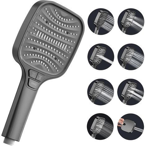 Pommeau de douche avec 8 modes de jet et fonction stop, grande douche à effet pluie, douchette à main, pommeau de douche à économie d'eau (1/5)