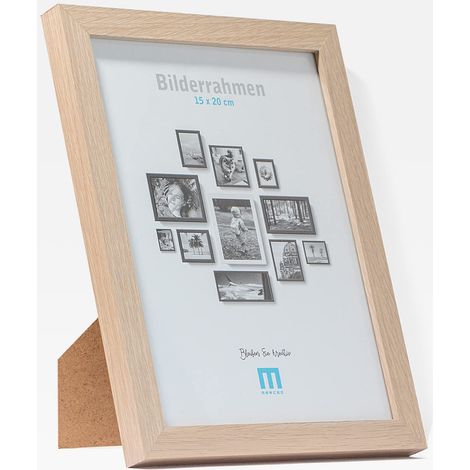 Cadre photo moderne et intemporel en bois MDF naturel pour petites photos et images de 15 x 20 cm avec protection en verre acrylique. Il peut être utilisé comme support de table ou à accrocher au mur, (1/4)