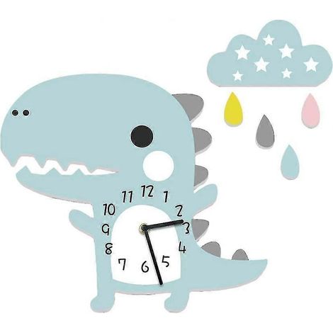 Horloge murale neuve et adaptée aux enfants, motif dinosaure et nuages, sans bruit, bleue. (1/4)