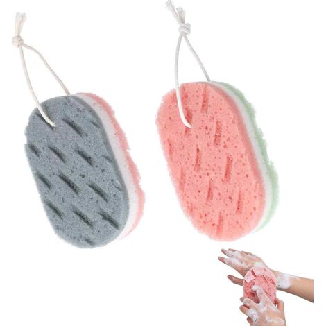 Lot de 2 éponges de bain, 3 couches, exfoliantes, 14,5x9x4 cm, avec sangle, pour douche homme femme (1/5)