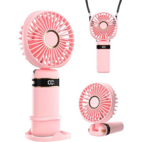 Ventilateur portable à main, avec base, 5 vitesses réglables, rechargeable par USB, pour femmes et filles, idéal pour les voyages et le bureau (rose) (1/5)
