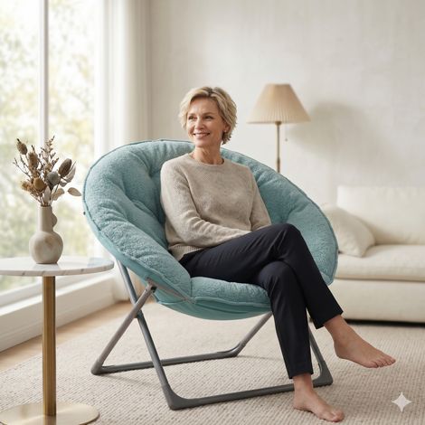 Fauteuil lunaire pliable en laine de mouton, bleu, moelleux et portable, pour chambre, dortoir, appartement, salon de détente, jardin et cour.