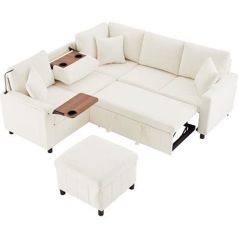 Canapé d’angle convertible 205x205 cm avec pouf, lampe LED, USB/Type-C, tablette escamotable et 2 porte-gobelets, chenille, Beige (1/5)