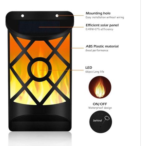 Lumière solaire murale à flamme vacillante 66 LED, design en treillis, étanche, avec détecteur crépusculaire auto allumage/extinction, pour jardin terrasse cour extérieure.