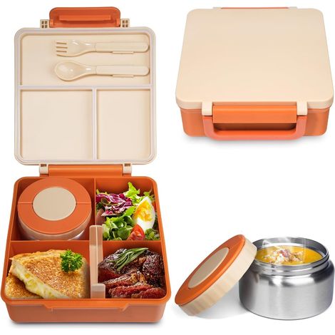 Portapranzo per bambini con tazza termica da 30 cl, 3 scomparti, a tenuta stagna, senza BPA, lavabile in lavastoviglie, verde, ideale per la scuola e i viaggi (Arancione) (1/5)