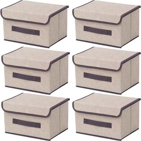 6 Boîte de Rangement avec Couvercle,Sac de Rangement,Pliable Rangement Tissu pliable avec Couvercle, Panier de Rangement,Coffre à Jouets pour Jouets,Vêtements (Beige Blanc, 26×19×16 cm)