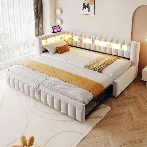 Ausziehbares Schlafsofa 90x200 cm mit LED-Beleuchtung und USB-Anschluss, Polsterbett aus Samtstoff mit Stauraum und Gästebett-Funktion, Beige (1/5)