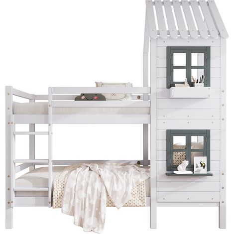 Lit superposé cabane enfant avec fenêtre, échelle à main courante, barrières 4 côtés, pin blanc et MDF, 90x200 cm, blanc et gris, gain de place - CHICFURN (1/5)