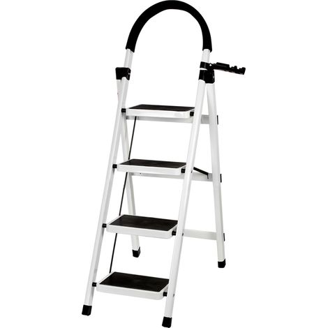 Tabouret Echelle pliant Marche pied 4 marches de sécurité pliant Acier au carbone 133x74x39cm Blanc (1/5)