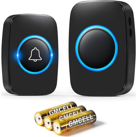 Sonnette sans Fil Exterieur Etanche IP44 300 Mètres, Carillon Electronique avec 60 Mélodies, 5 Niveaux Volumes, Kit Récepteurs Enfichables pour Maison Bureau, Noir (1/5)