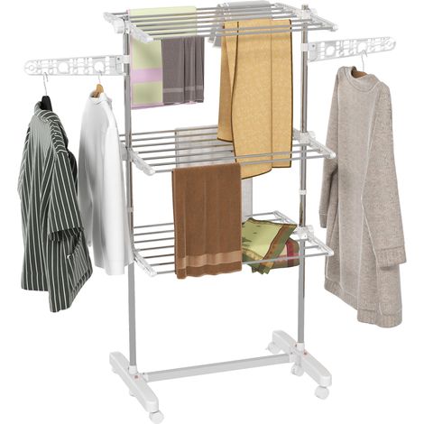 Étendoir à linge vertical pliable en acier solide et durable et plastique avec 6 roulettes et 3 étagères réglables, 142 x 55 x 172 cm (1/5)
