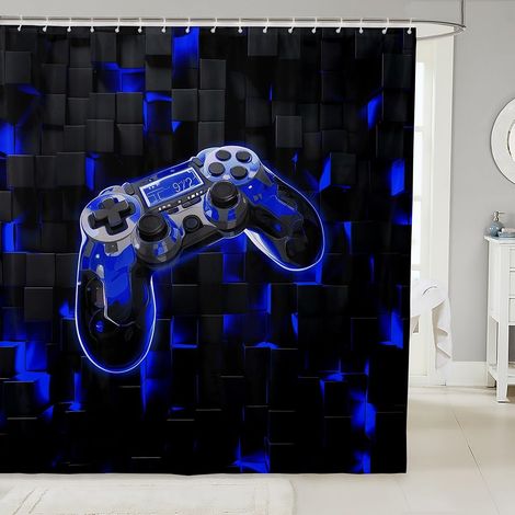 Rideau de Douche Enfant 180x180 cm, Rideau Douche Ado Garcon Console de Jeux Rideau de Bain Manette de Jeu Bleu Noir Rideau de Baignoire Géométrie Carrée Décoration D'Intérieur - 180L X 180H cm (1 Pan (1/5)