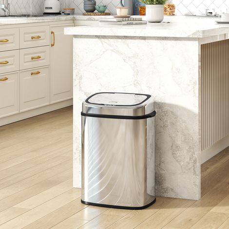 Corbeille avec capteur infrarouge de 50L en acier inoxydable avec 2 modes d‘ouverture, Argent (1/5)