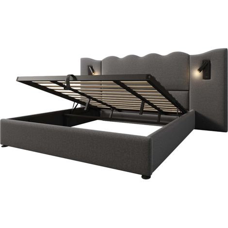 Cama canapé doble 180x200 gris de lino con lámpara de lectura y carga USB-C (1/5)