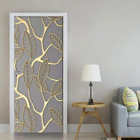 3D Door Wall Decal, Gold Leaf Modern Door Sticker, Self-Adhesive, Waterproof, Home Interior Door Decoration, Bedroom, Bathroom, Kids' Room, Office Poster, 77200CM (1/4)