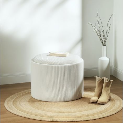 CHICFURN Puff de almacenaje 56x56x42 cm de poliéster crema, arcón con tapa (1/5)